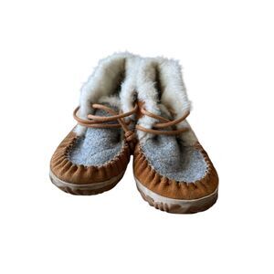 Sorel Out N About Moccasin Boot Suede Brown Gray Faux Fur Shoes